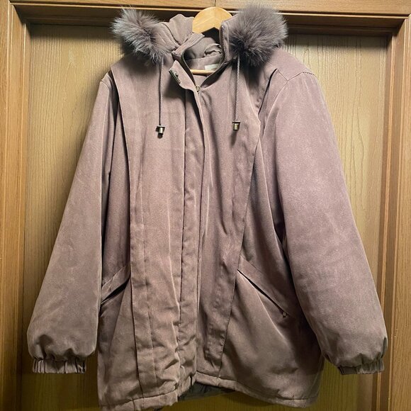 Womans St. John's Bay Winter Coat Size XL Hooded Grey Ultra Suede With Brass Zip - Picture 1 of 5